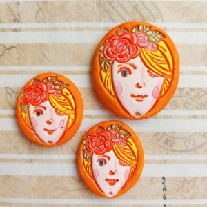 Кабошон керамічний Flower face, колір основи помаранчевий